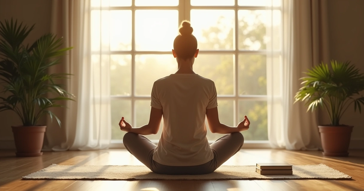 Mulher sentada no chão de frente para janela, em posição de meditação 
