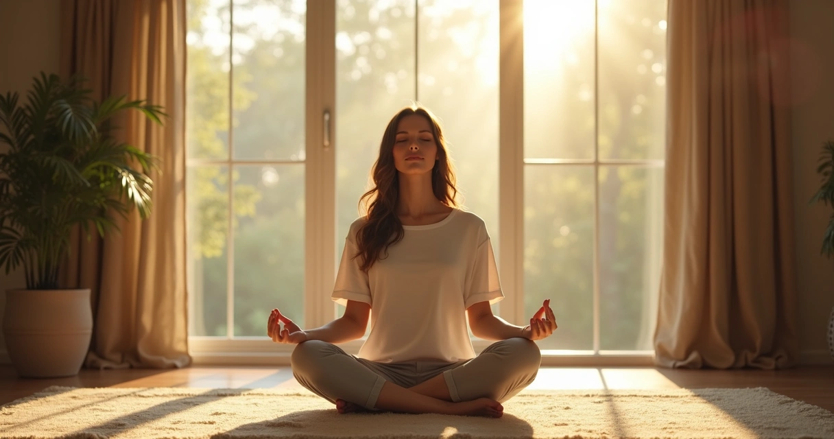 Mulher sentada perto de janela em postura de meditação 
