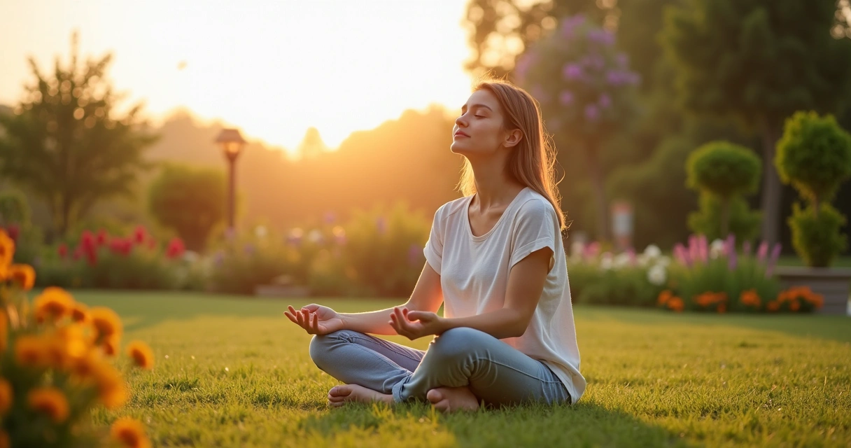 Mulher meditando sentada em um jardim ao nascer do sol 