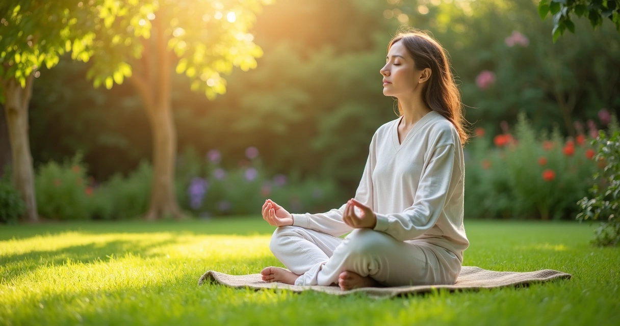 Mulher sentada em posição de meditação em um jardim verde 