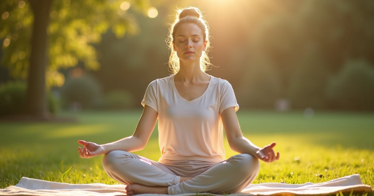 Mulher sentada em posição de lótus meditando em jardim ensolarado 