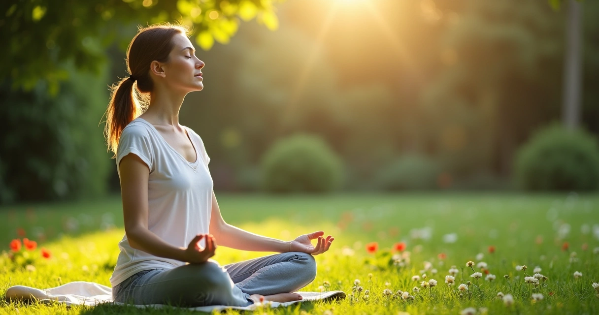 Mulher sentada em posição de meditação em um jardim verde 