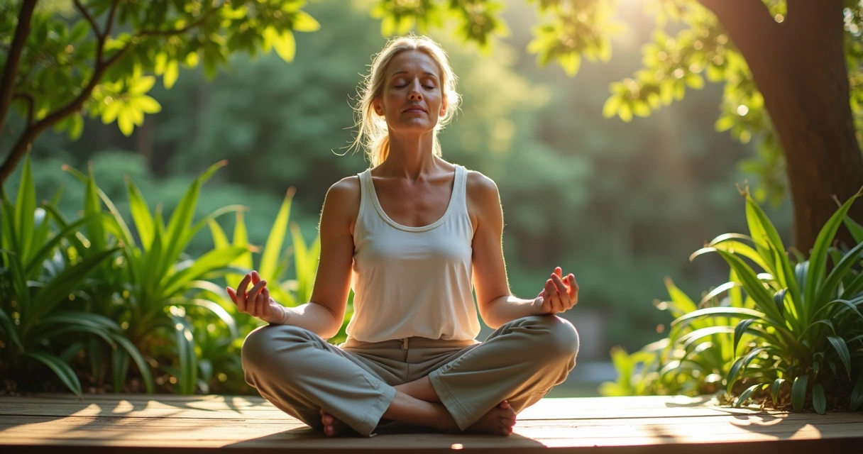 Mulher meditando sentada em jardim com vegetação verde ao fundo 