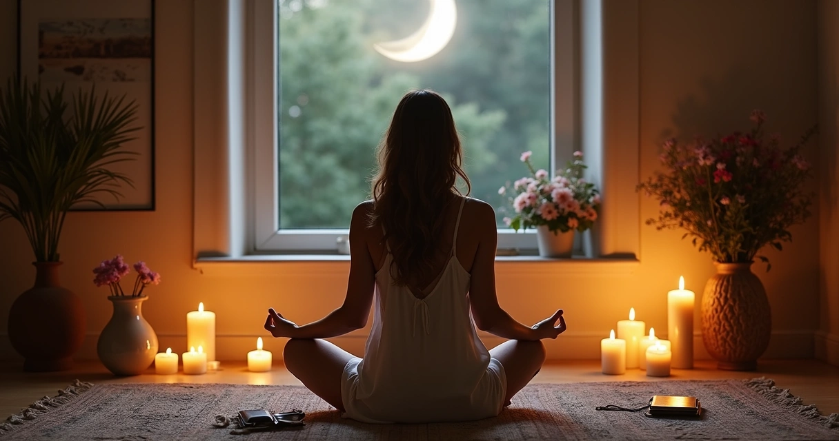 Mulher sentada meditando com luz suave da lua e objetos ritualísticos 