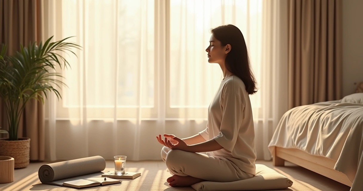Pessoa sentada meditando ao amanhecer em quarto claro e organizado 