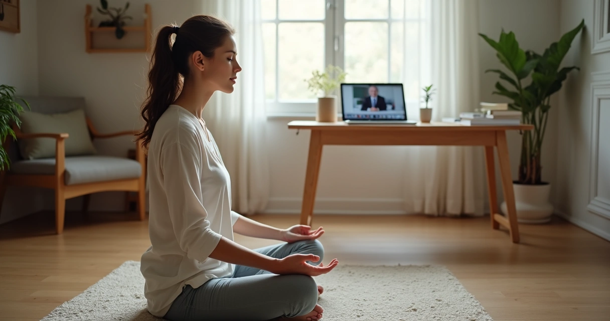 Mulher sentada em frente a um notebook, olhos fechados, em postura de meditação.