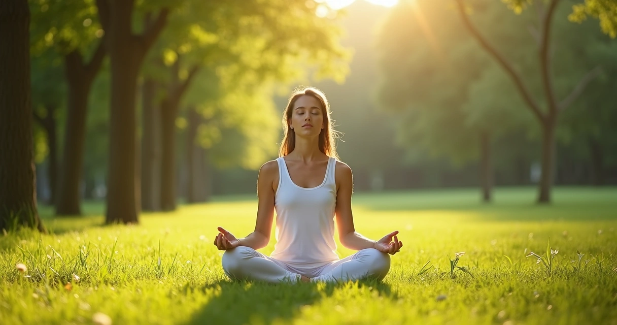 Mulher sentada em posição de lótus meditando em meio à natureza 