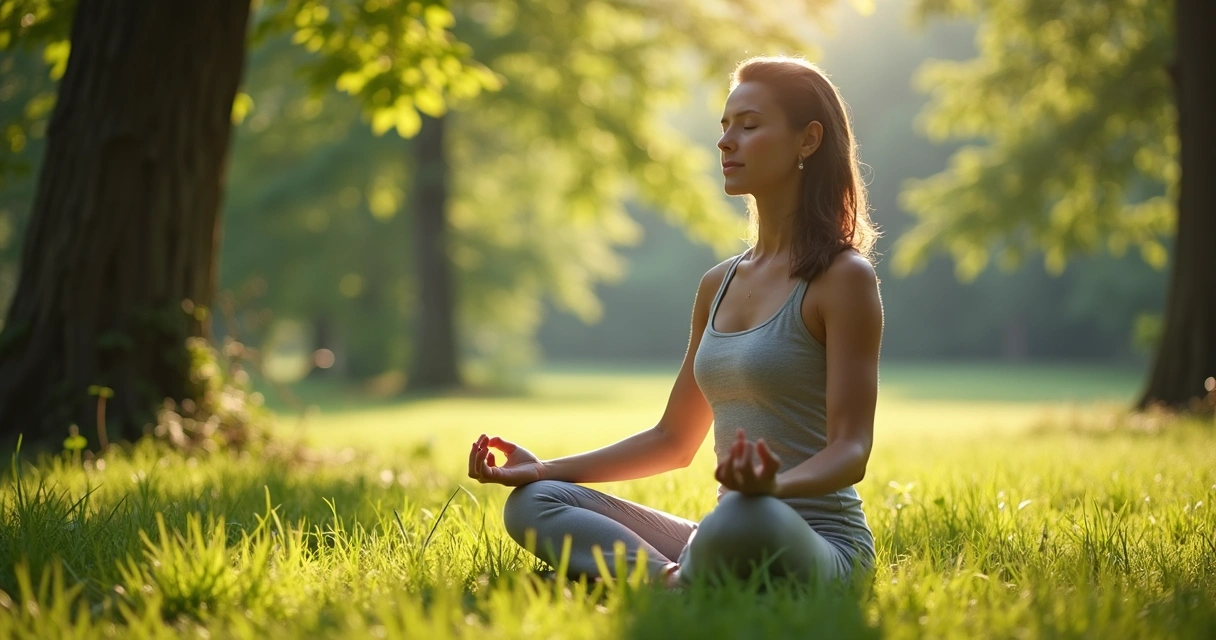 Mulher sentada em posição de lótus meditando ao ar livre