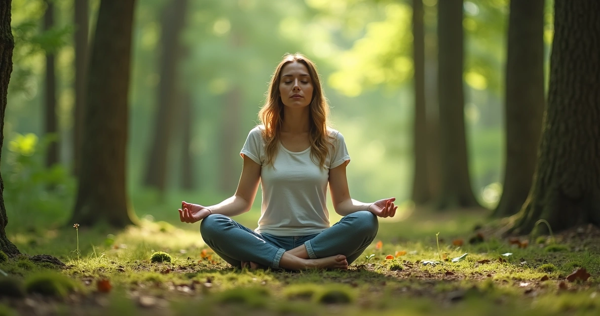 Mulher sentada meditando no meio da natureza 