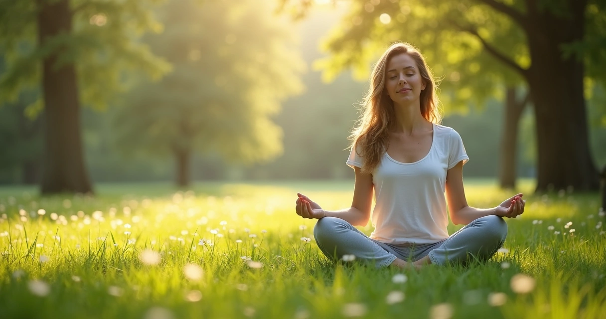 Mulher sentada em posição de lótus meditando em meio à natureza tranquila 