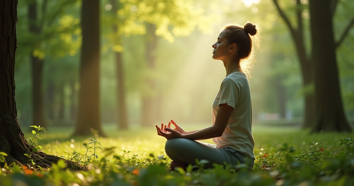 Mulher sentada meditando em meio à natureza arborizada, sol filtrando entre as folhas 