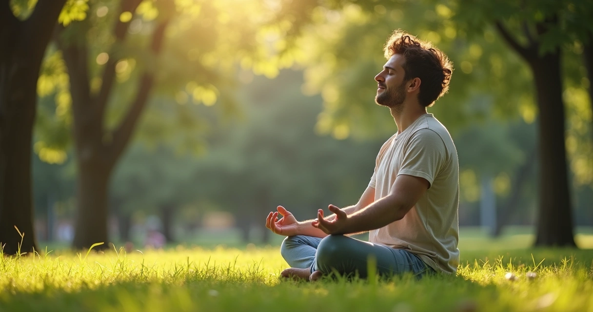 Pessoa sentada meditando ao ar livre, ambiente natural com árvores ao fundo 