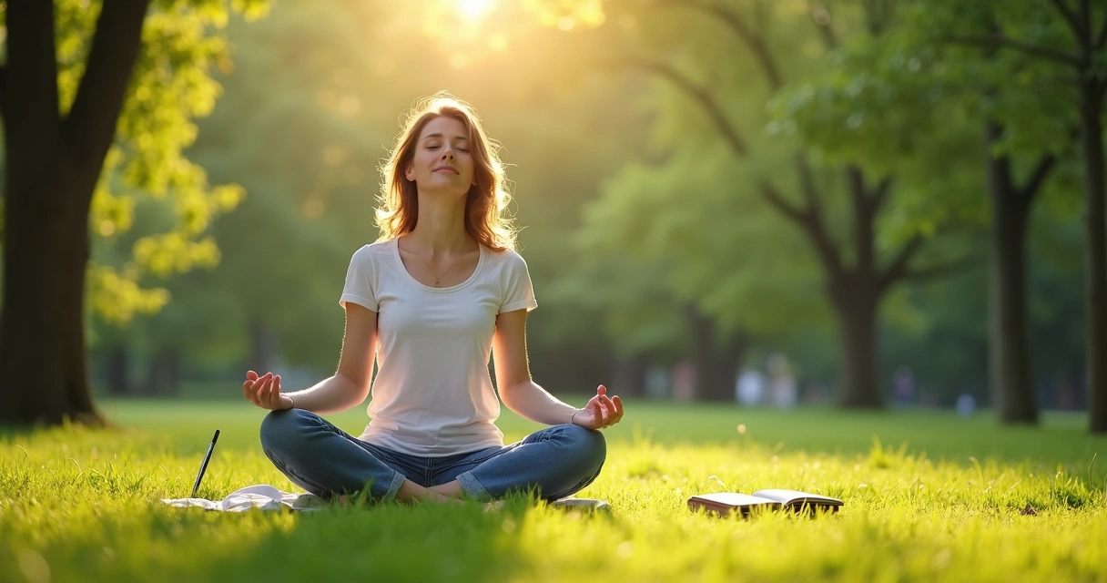 Mulher sentada ao ar livre, de olhos fechados, meditando 