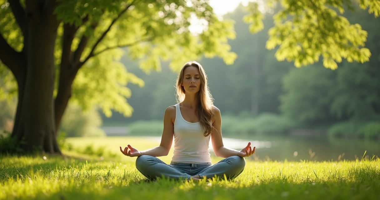 Mulher sentada em posição de meditação em meio à natureza verde 