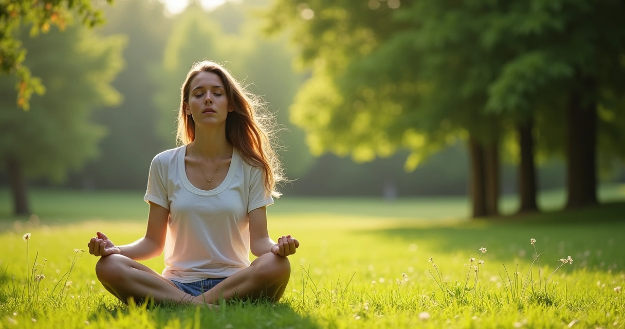 Mulher sentada em posição de meditação em meio à natureza 
