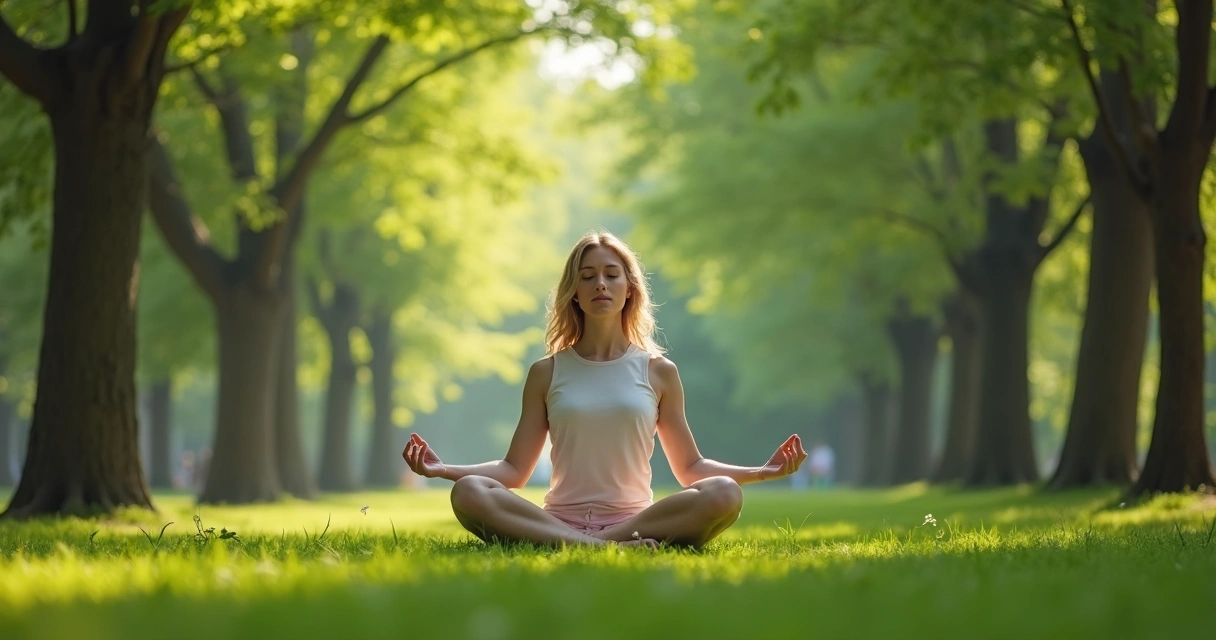 Mulher sentada meditando em meio à natureza.