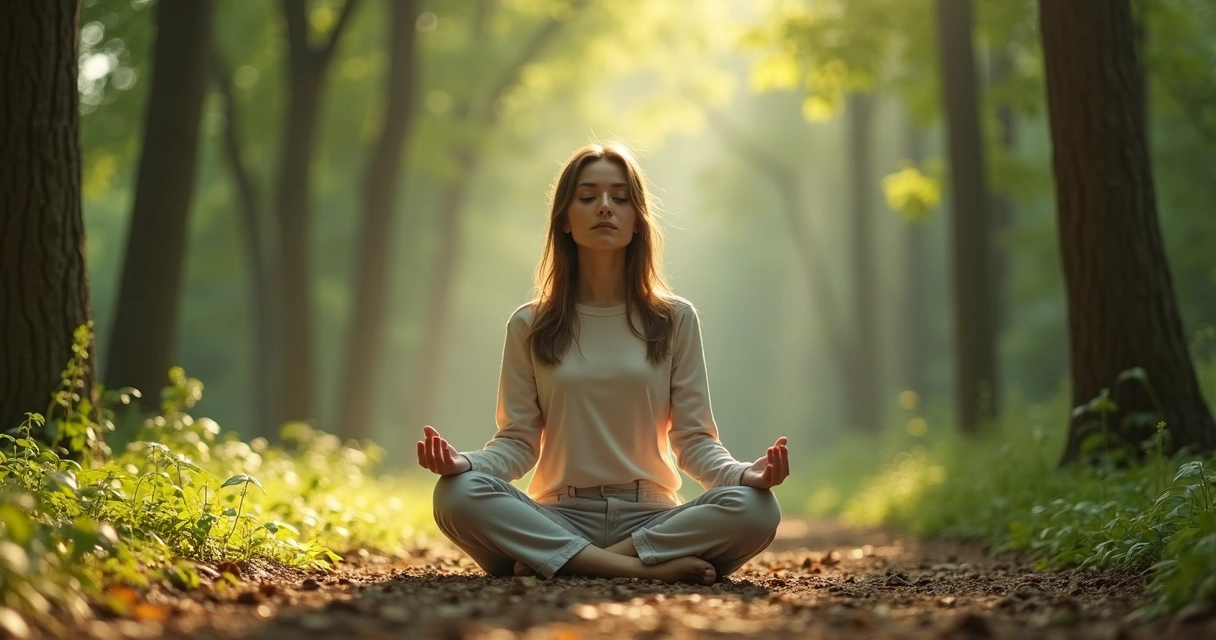 Mulher sentada meditando em meio à natureza, árvores ao fundo, tranquilidade no rosto 