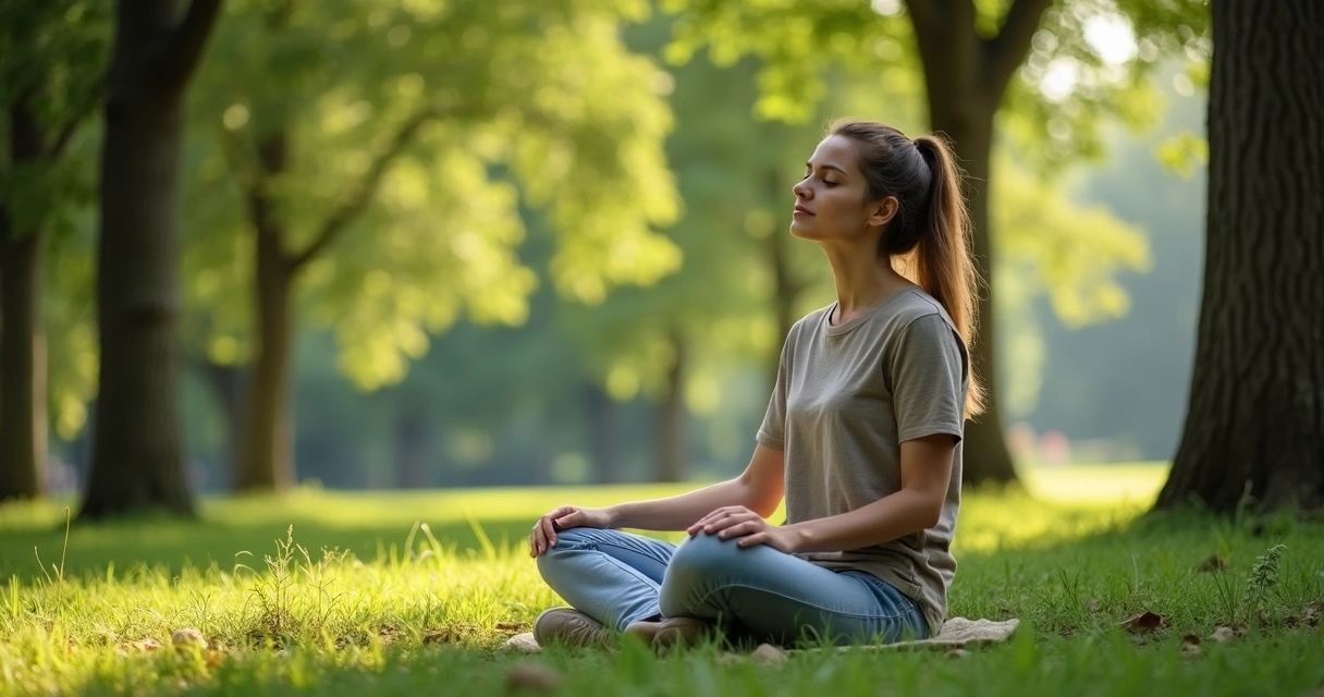 Mulher medita sentada em meio à natureza