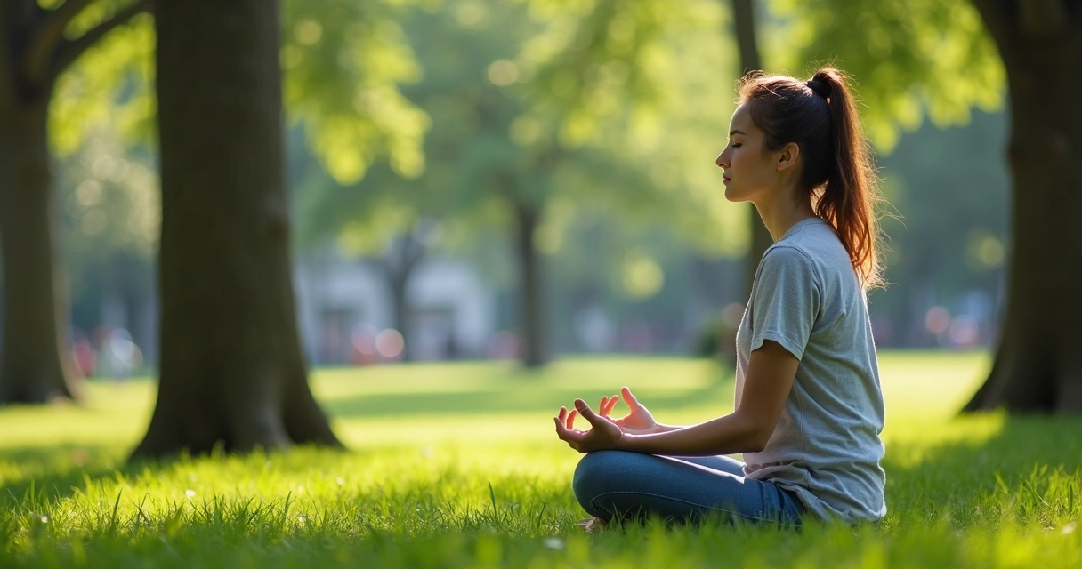 Mulher sentada meditando em um parque verde 