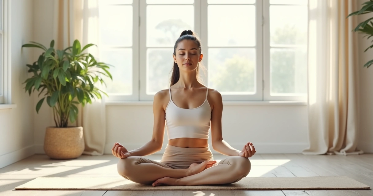 Mulher sentada com postura de meditação em ambiente claro, olhos fechados, expressão de tranquilidade. 