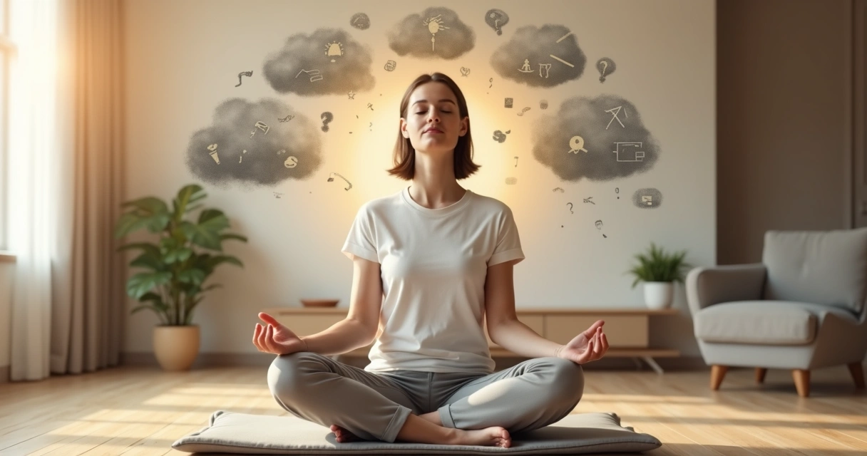 Mulher sentada meditando enquanto observa pensamentos negativos se dissipando ao fundo 