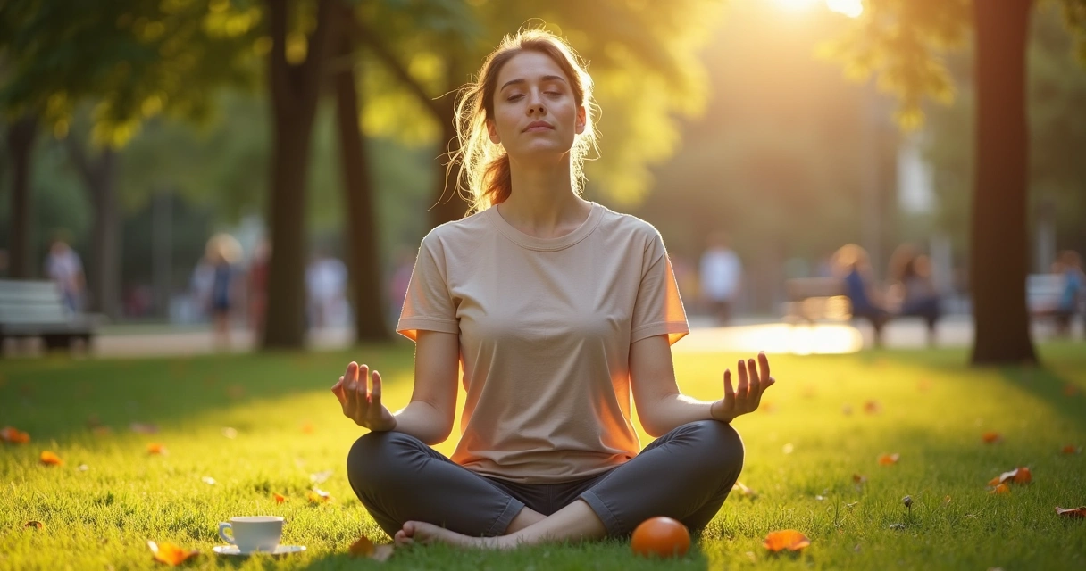 Mulher sentada em parque com olhos fechados ampliando percepção sensorial 