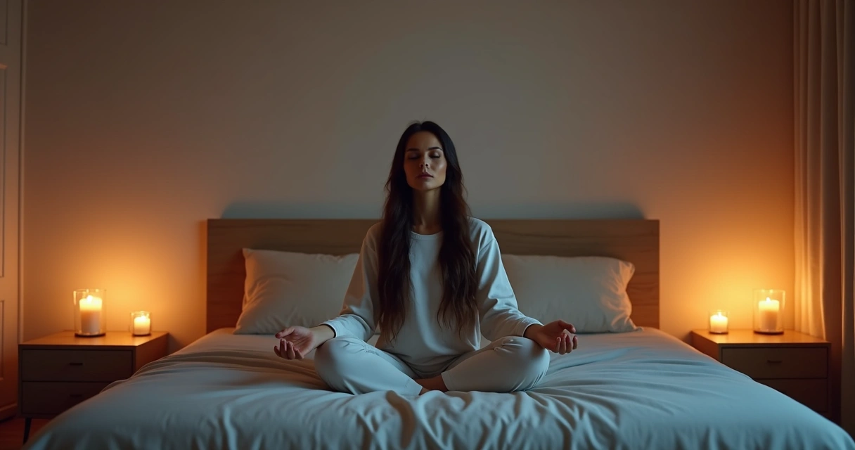 Mulher meditando sentada na cama em um quarto à noite. 