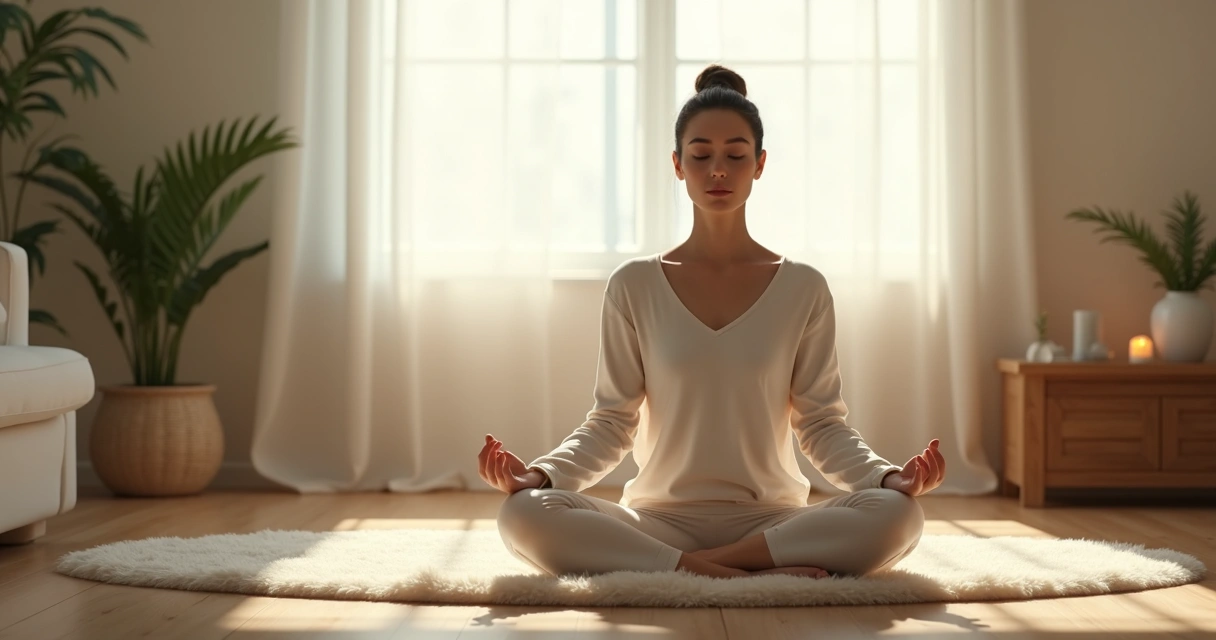 Mulher sentada meditando em quarto tranquilo, luz suave na janela 