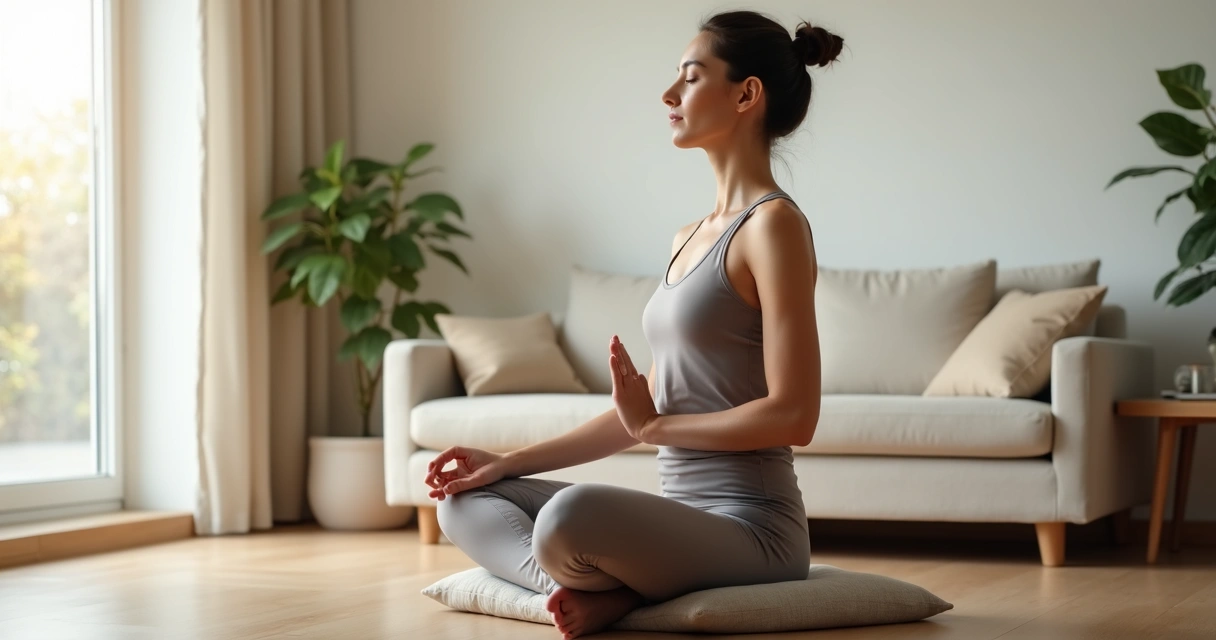 Mulher sentada em meditação com foco na respiração nasal consciente 