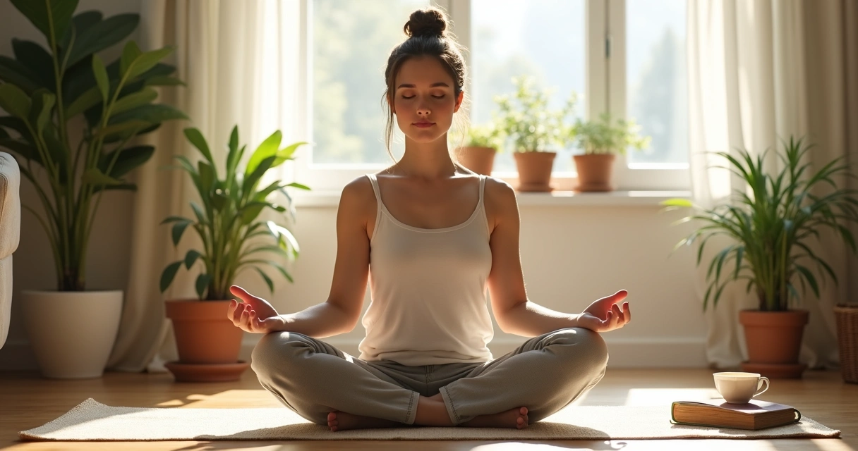 Mulher sentada em posição de meditação em uma sala iluminada pela manhã. 