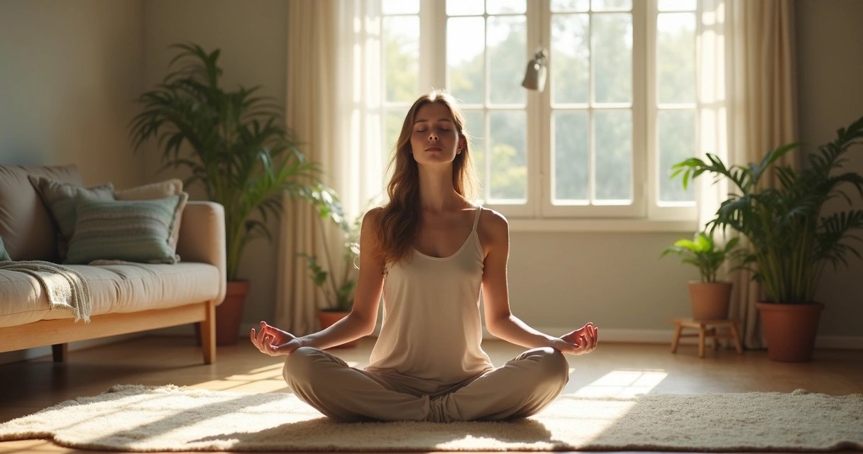 Mulher sentada em posição de meditação em sala de casa, luz suave vinda da janela 