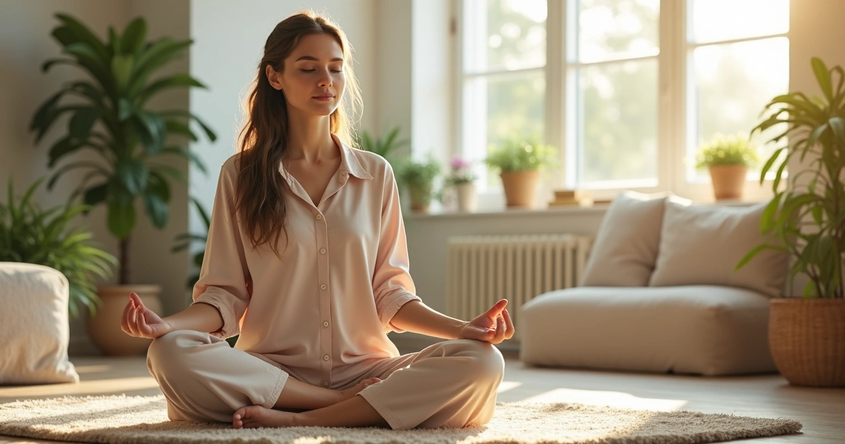 Mulher sentada meditando calmamente em sala de estar iluminada 