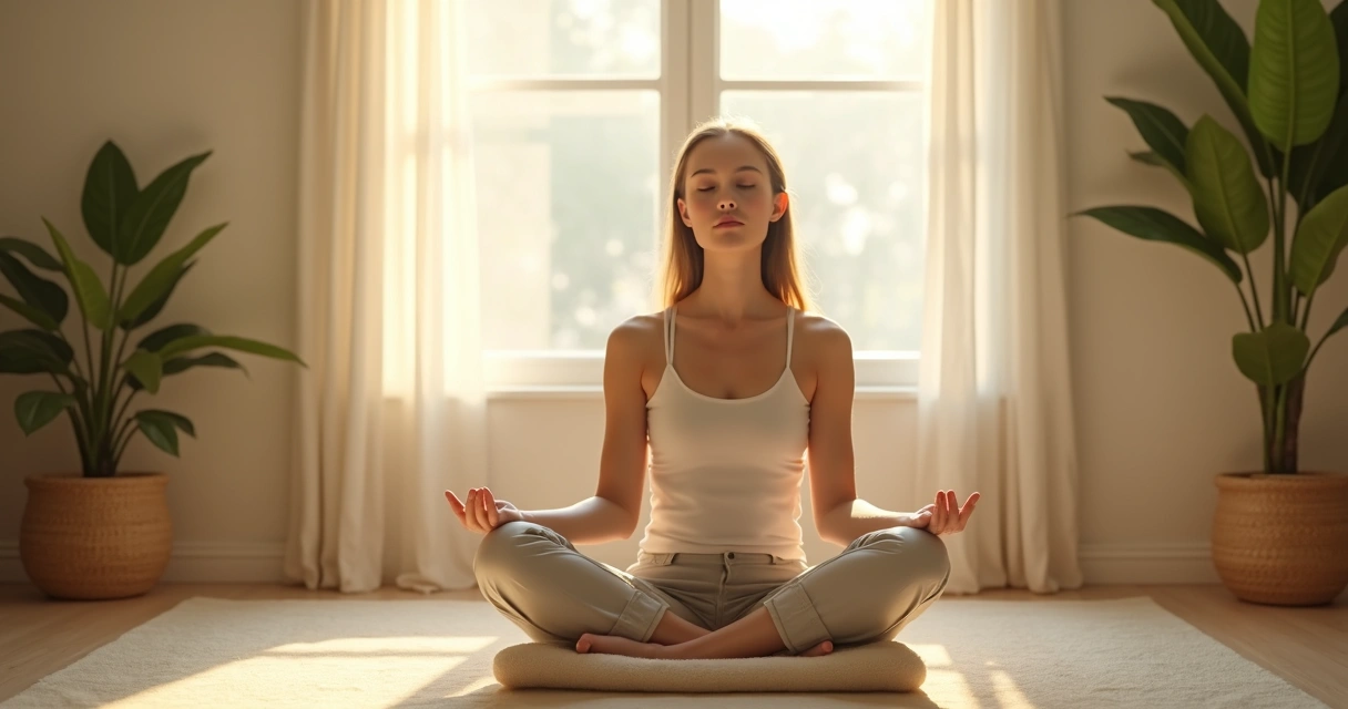 Mulher sentada meditando em uma sala iluminada suavemente 