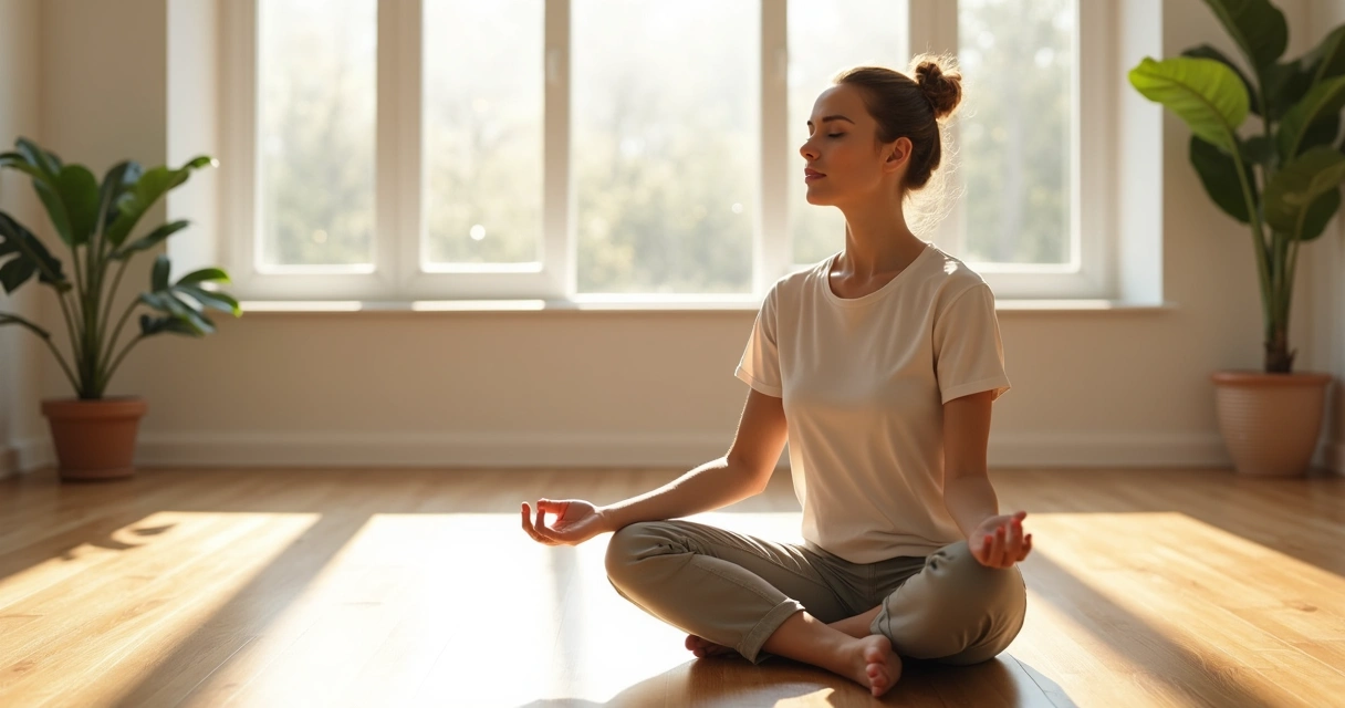 Mulher meditando em sala ampla minimalista 