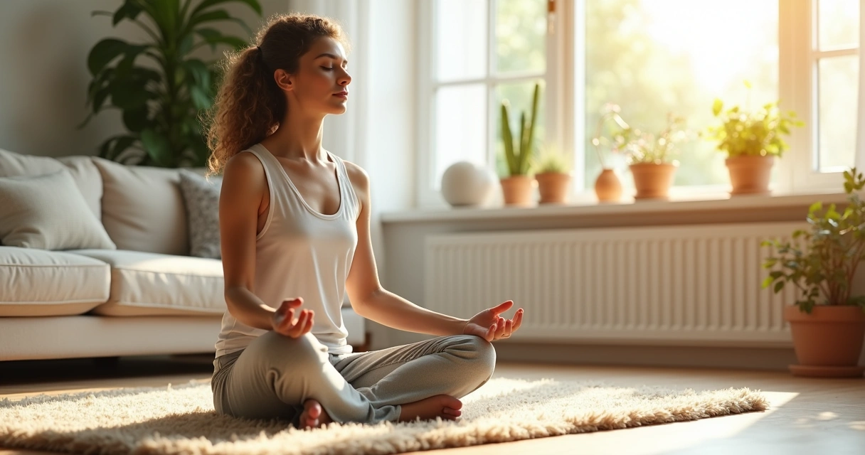 Mulher sentada em posição de meditação em uma sala iluminada