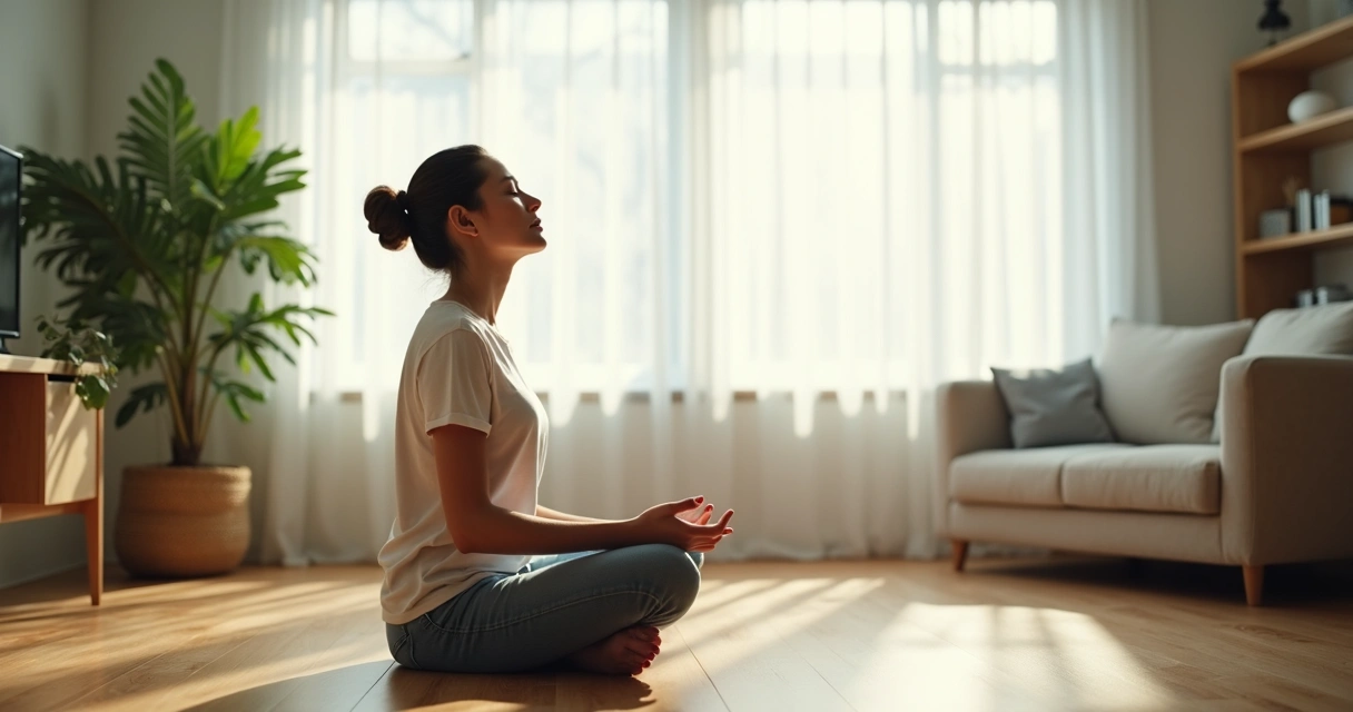 Mulher meditando sentada no chão de uma sala iluminada pela luz natural 