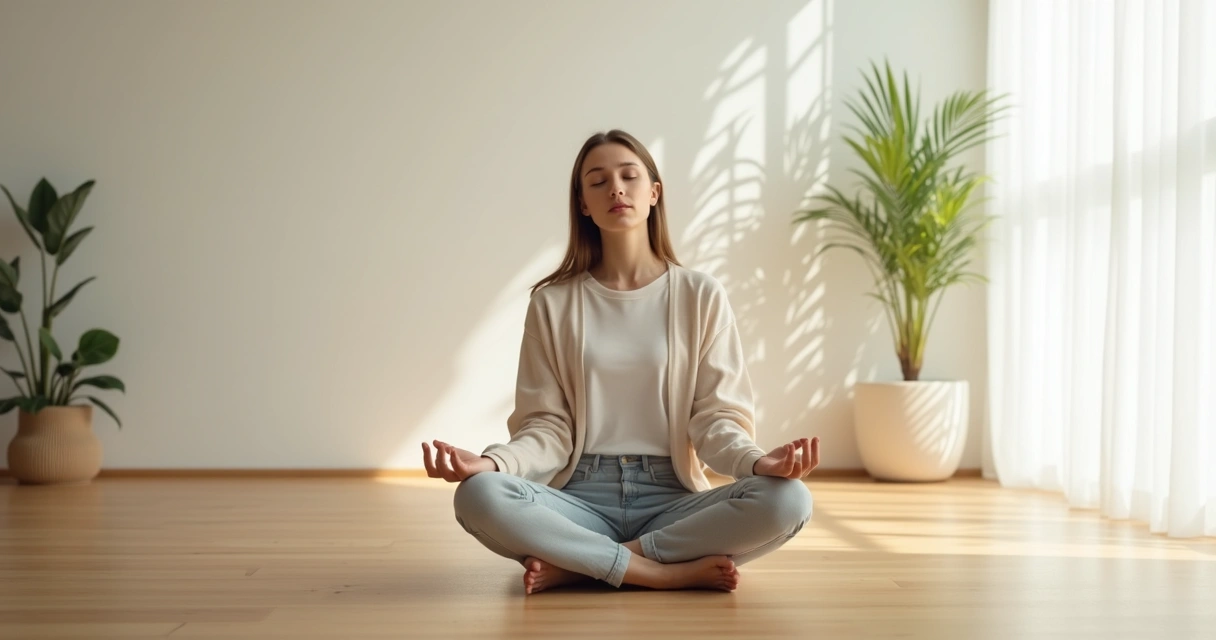 Mulher sentada sozinha meditando em ambiente tranquilo 