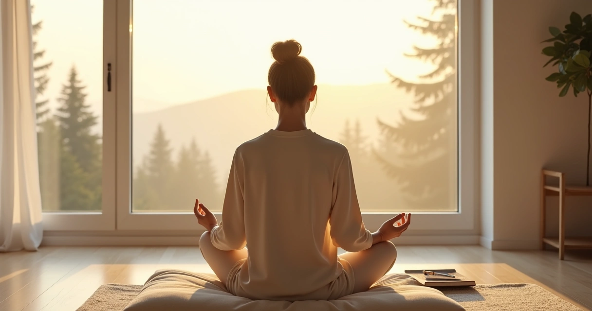 Mulher sentada em silêncio observando a própria respiração diante de uma janela iluminada 