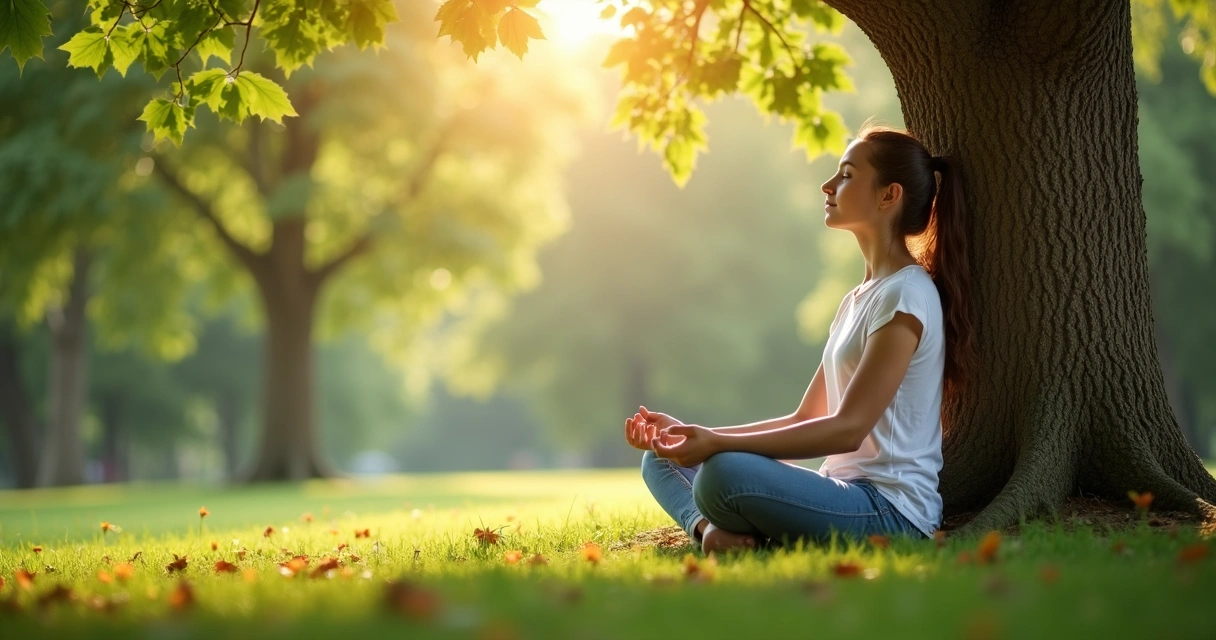 Mulher sentada sob árvore meditando ao ar livre