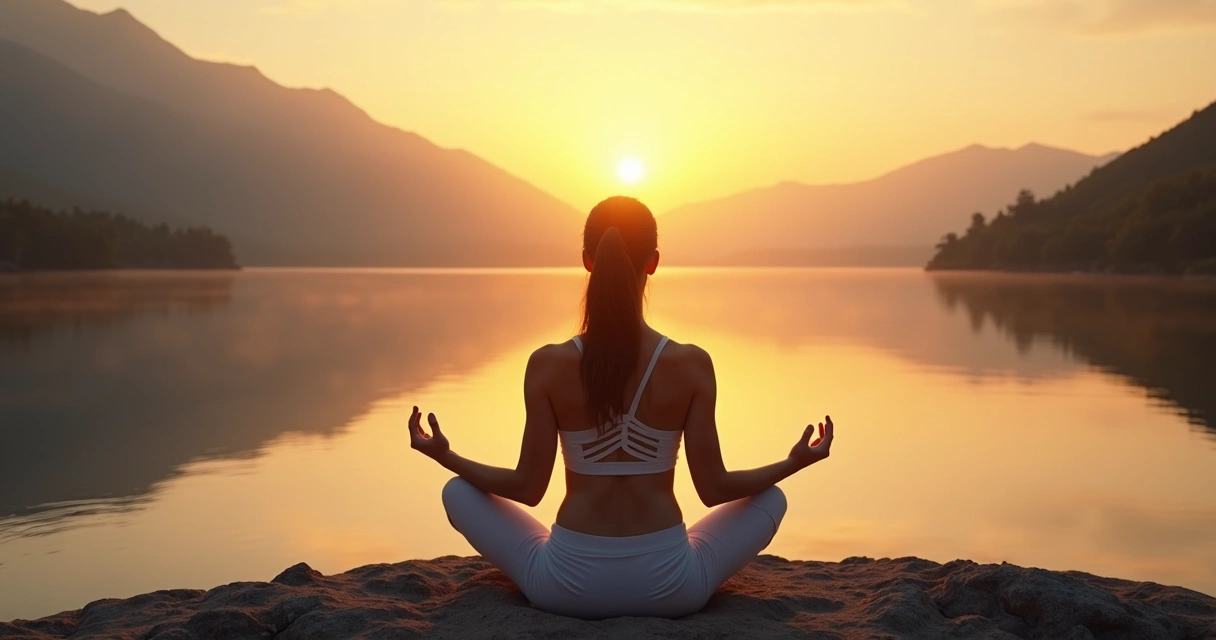 Mulher sentada em posição de meditação ao pôr do sol