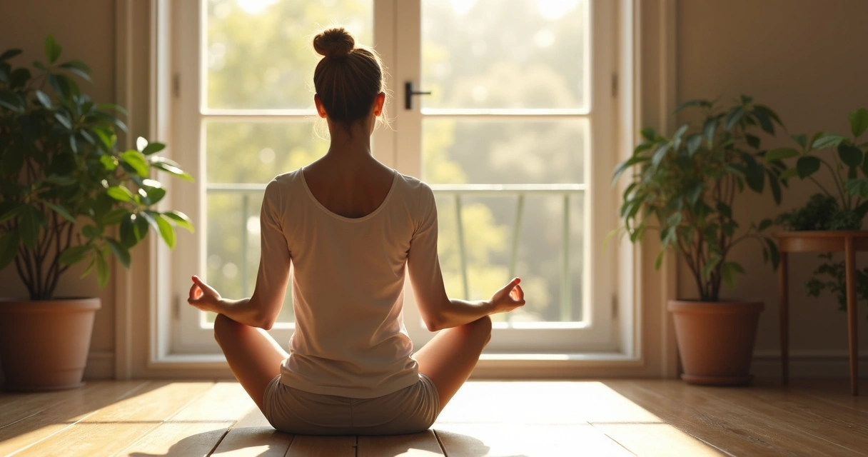 Mulher meditando sentada no chão perto de janela com luz do sol entrando