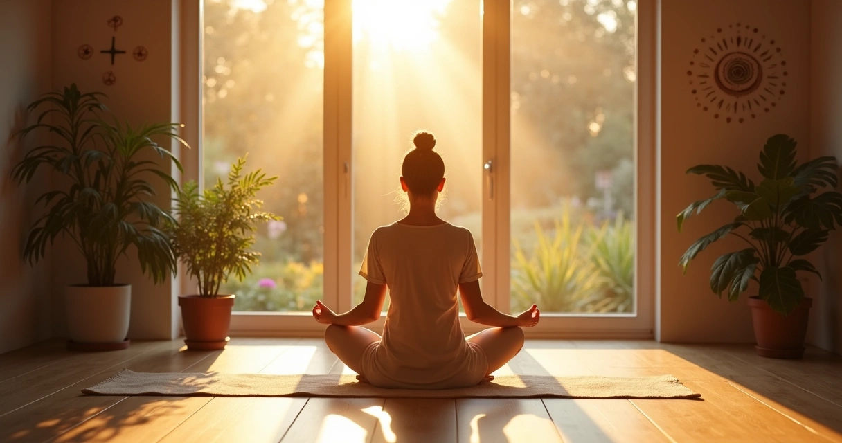 Mulher meditando de manhã com sol nascente ao fundo 