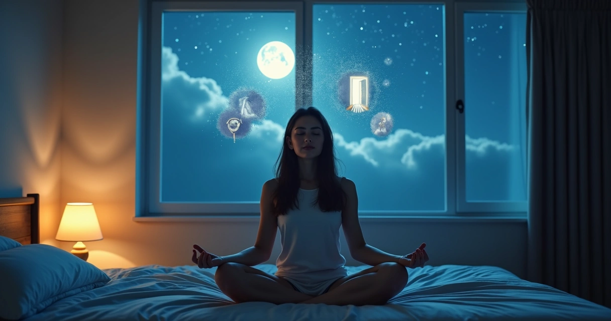 Mulher meditando em quarto escuro com elementos de sonho ao redor 