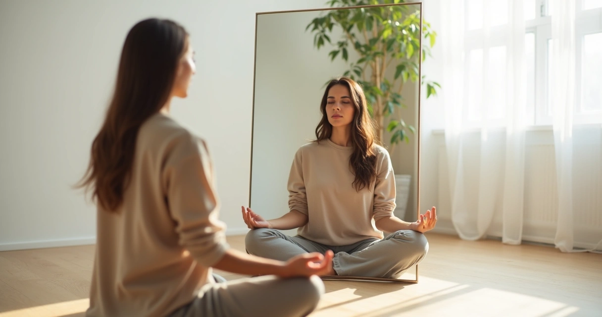 Mulher sentada em posição de meditação refletindo diante de um espelho 