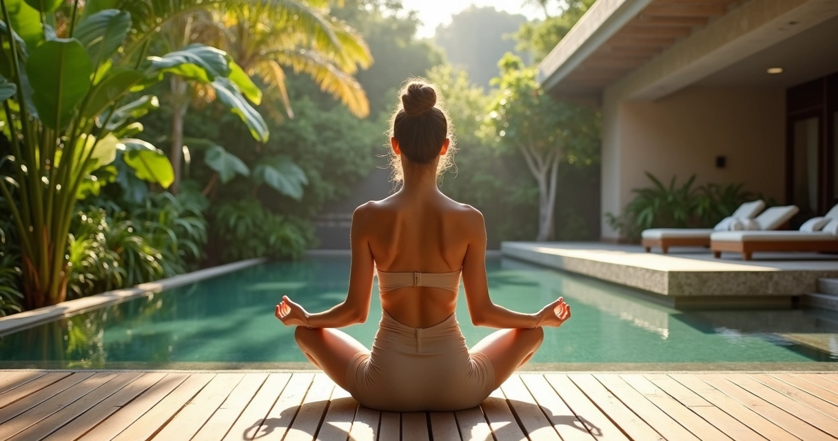 Mulher meditando em deck de madeira moderno cercado por jardim no Kairós Spa 
