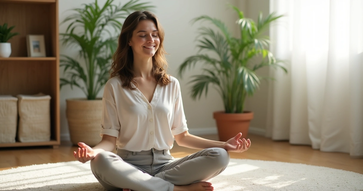 Mulher sentada praticando meditação, olhos fechados, sorrindo levemente 