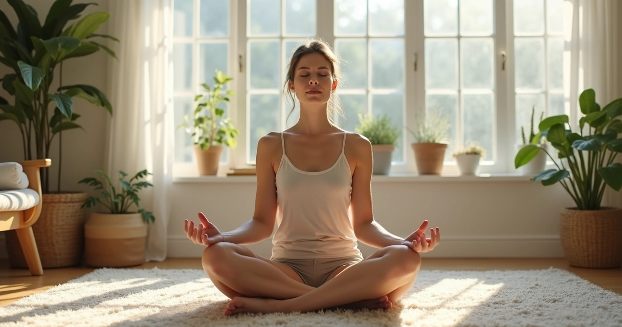 Mulher sentada em posição de meditação, olhos fechados, ambiente de sala iluminada e tranquila, com plantas ao redor. 