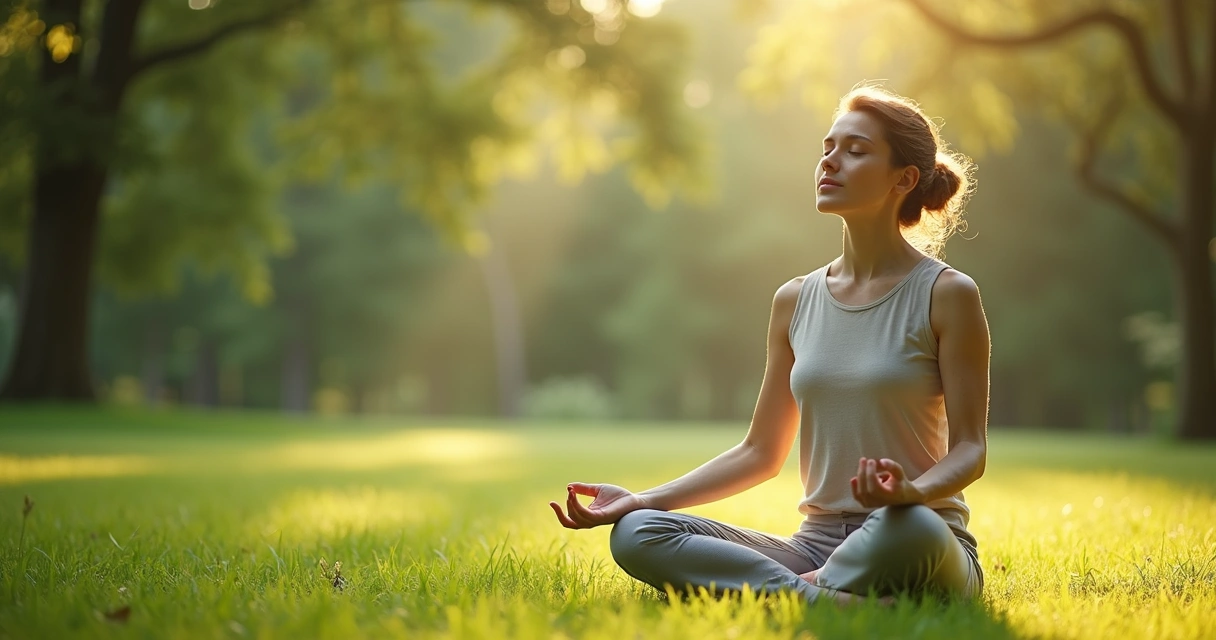 Mulher sentada em posição de meditação em um jardim verde, com olhos fechados e expressão serena 