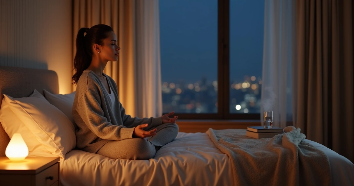 Mulher sentada na cama meditando em quarto escuro com luz suave à noite 