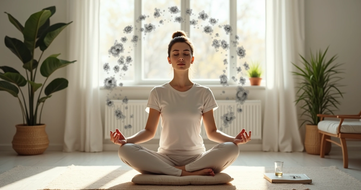 Mulher sentada meditando em sala clara com traços escuros simbolizando pensamentos ao redor da cabeça 